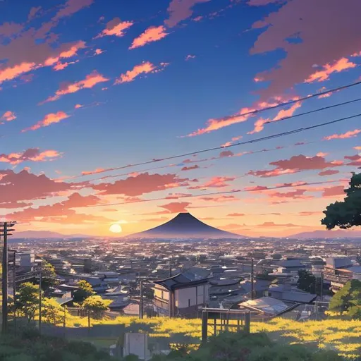 Prompt: Art by Makoto Shinkai, landscape of sunset behind a small town in Japan