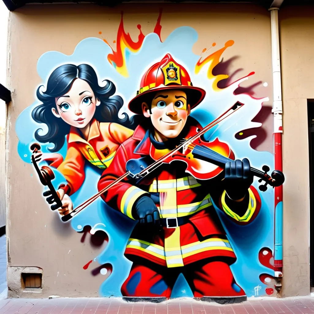 Prompt: wall graffiti art of fireman holding a super violin