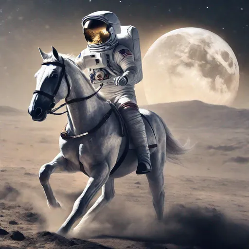 Prompt: Astronaut riding a horse, realistic digital painting, dusty lunar surface, astronaut in full space suit, majestic horse with lunar backdrop, high contrast lighting, astronaut on horseback, detailed space suit, lunar landscape, high-quality, realistic, digital painting, lunar dust, majestic, high contrast lighting