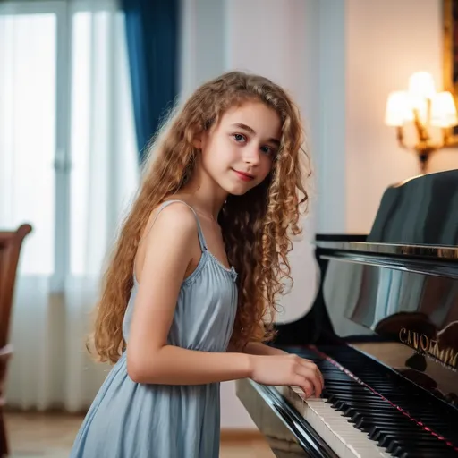 Prompt: A charming girl standing next to the piano indoors, curly long hairs, filled with satisfaction, reflective eyes, Canon EOS 5D Mark IV