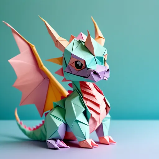 Prompt: Cute dragon, origami art, pastel colors, delicate folds, intricate details, high quality, origami, paper craft, cute design, whimsical, pastel tones, delicate lighting