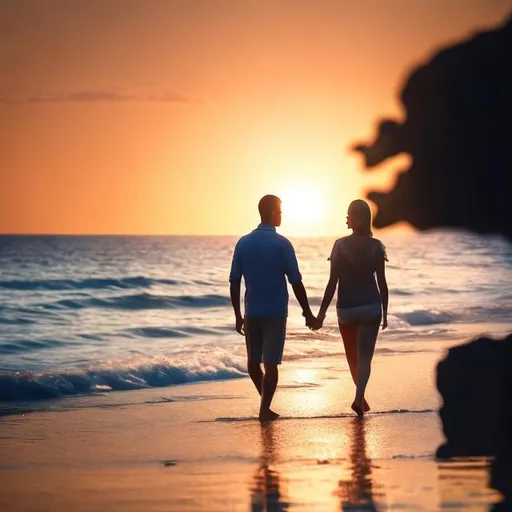 Prompt: Relaxing photo of a couple taking a stroll by the sea in front of sunset, romantic lighting