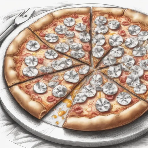 Prompt: Sketch of a delicious Hawaiian pizza, pencil drawing, realistic shading, close-up of toppings, textured crust, mouth-watering presentation, high quality, detailed, traditional art, warm tones, natural lighting