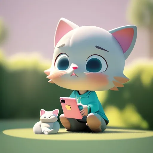 Prompt: a kid holding a mobile phone to take a selfie photo with his cat in a lawn, half-squatting character, soft smooth lighting, soft pastel colors, skottie young, 3d blender render, polycount, modular constructivism, physically based rendering, square image
