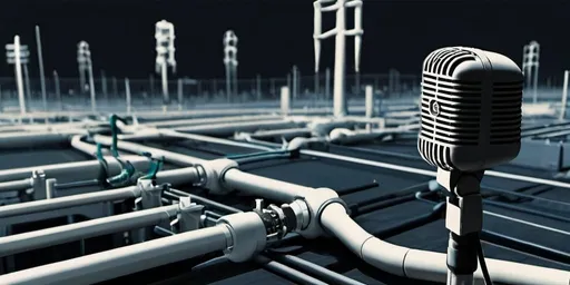 Prompt: banner image for a webpage about critical infrastructure which includes a huge microphone connected to various components of critical infrastructure arranged horizontally