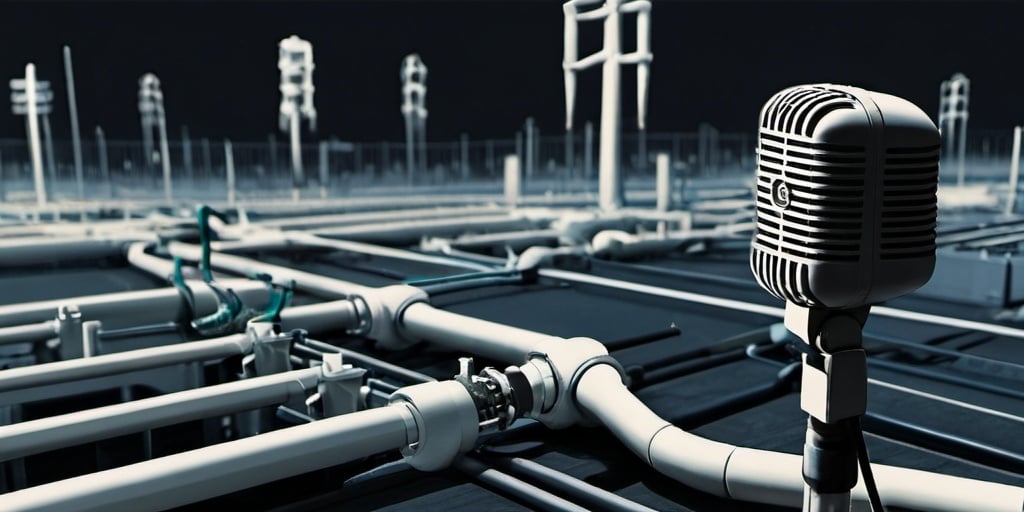 Prompt: banner image for a webpage about critical infrastructure which includes a huge microphone connected to various components of critical infrastructure arranged horizontally