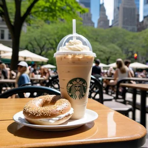 Prompt: A bagel smothered in cream cheese and a clear to-go cup filled with an iced latte sit on a table in Bryant Park, New York.