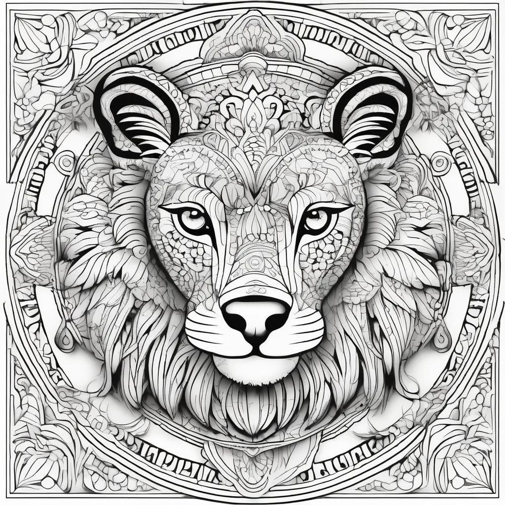 Prompt: coloring book page black and white animal mandala