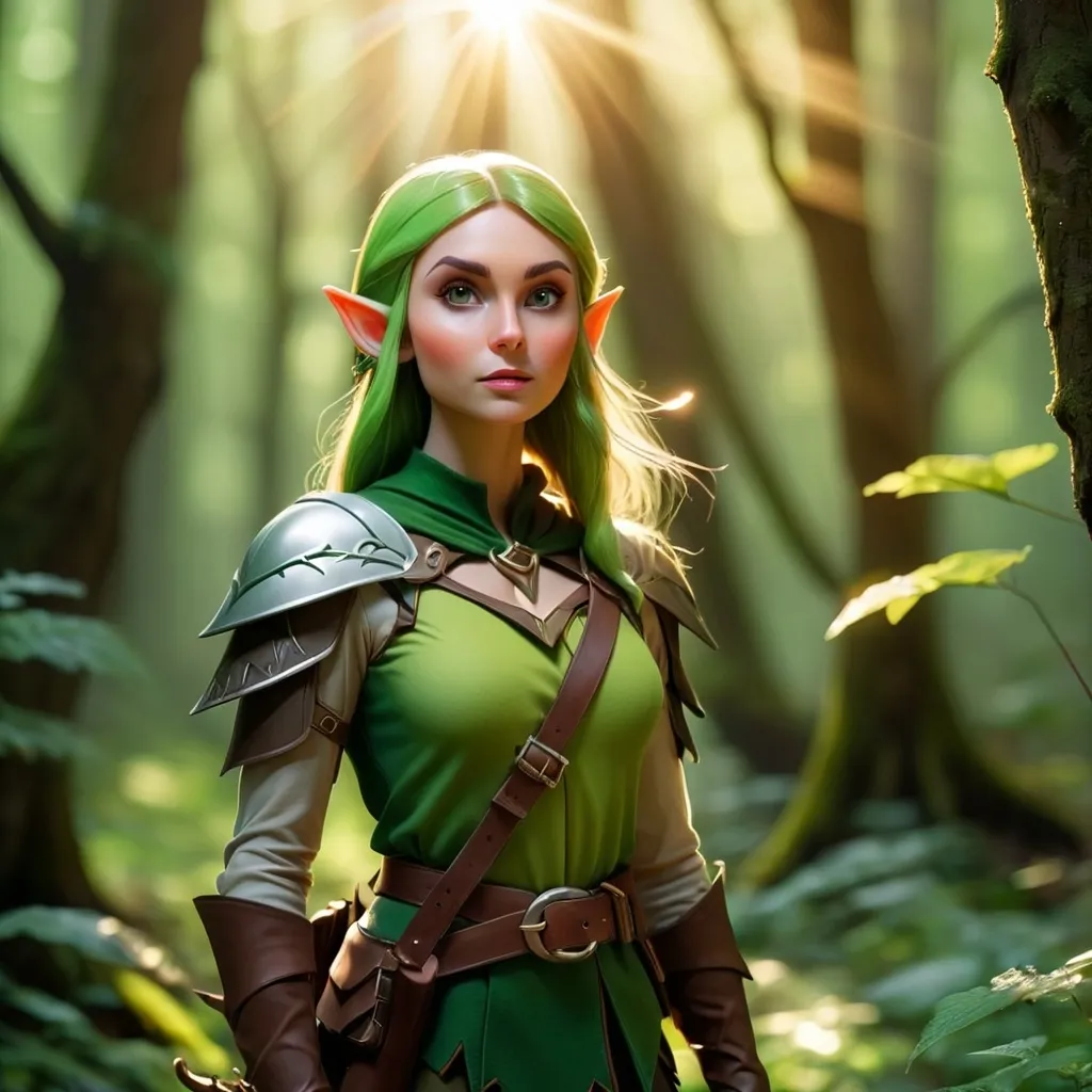 Prompt: Elf ranger in a mystical forest around sunlight