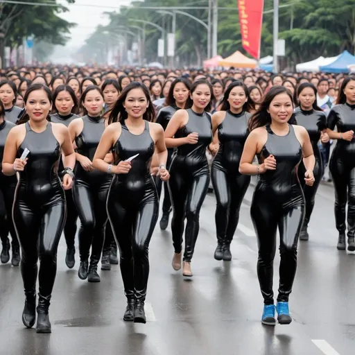 Prompt: 15 filipinas in latex catsuits running marathon