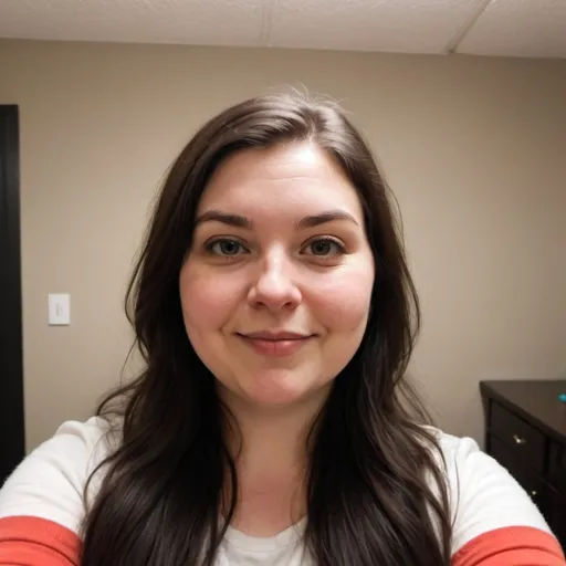 Prompt: reddit selfie of a dark hair white chubby american woman, blurry quality, taken indoors in a room with dark warm lighti against plain wall, anthro furry sticker on wall