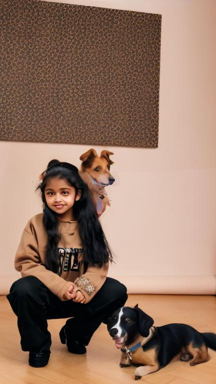 Prompt: light brown skin girl wearing black clothes holding a dog with a nose dog sitting

