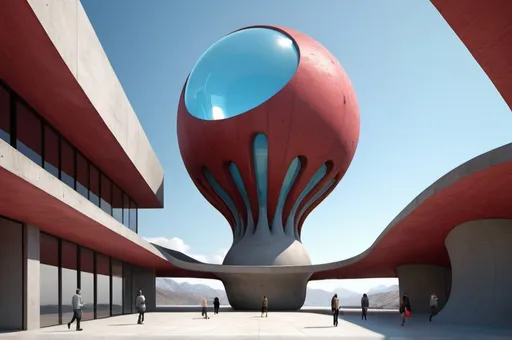 Prompt: 3D representation of architectural wonder, with a concrete design and matte reddish glass that contrasts with the light blue sky, emphasizing organic movement. Its design represents an ant with a bulbous tail and membrane wings with solar panels, its tail is made of concrete and glass. It stands out from pedestrians, creating a sense of scale. In open space, its use is as a great viewpoint in the mountains. Combination of practicality and artistic expression in architecture