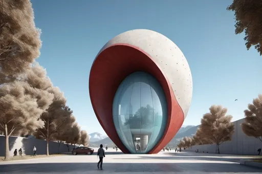 Prompt: 3D representation of architectural wonder, with a concrete design and matte reddish glass that contrasts with the light blue sky, emphasizing organic movement. Its design represents an ant with a bulbous tail and membrane wings with solar panels, its tail is made of concrete and glass. It stands out from pedestrians, creating a sense of scale. In open space, its use is as a great viewpoint in the mountains. Combination of practicality and artistic expression in architecture