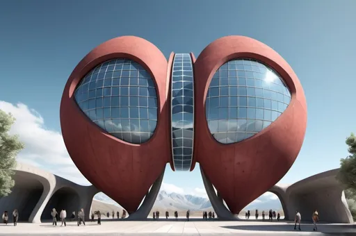 Prompt: 3D representation of architectural wonder, with a concrete design and matte reddish glass that contrasts with the light blue sky, emphasizing organic movement. Its design represents an ant with a bulbous tail and membrane wings with solar panels, its tail is made of concrete and glass. It stands out from pedestrians, creating a sense of scale. In open space, its use is as a great viewpoint in the mountains. Combination of practicality and artistic expression in architecture