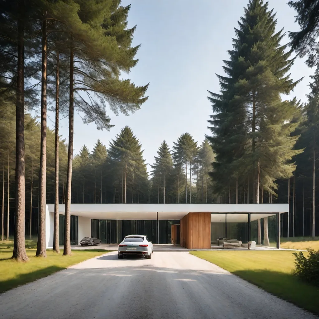 Prompt: Crisp, modern minimalist countryside house, tall trees, people, car parked alongside the road, ultra high-quality, minimalistic, countryside, tall trees, modern design, sleek car, sunny and clear, natural lighting