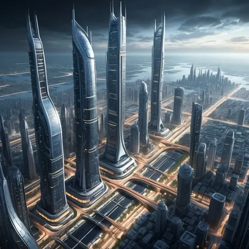 Prompt: Futuristic city, high angle view, advanced infrastructure, dot matrix world, high-tech transportation, skyscraper towers, sustainable environments, cinematic lighting, realism, concept art, intricate details, photorealism