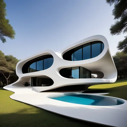 Prompt: Casa campestre moderna estilo Zaha Hadid, calidad ultra, isométria vista exterior, colores contrastantes