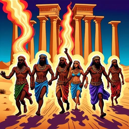 Prompt: Please draw a psychedelic art style drawing of the Israelites men and women when crossing the desert running away from the Pharaoh, dancing to a tribal trance sounds and atmospheric music. In the background there is the pillar of fire and the res sea open into two.