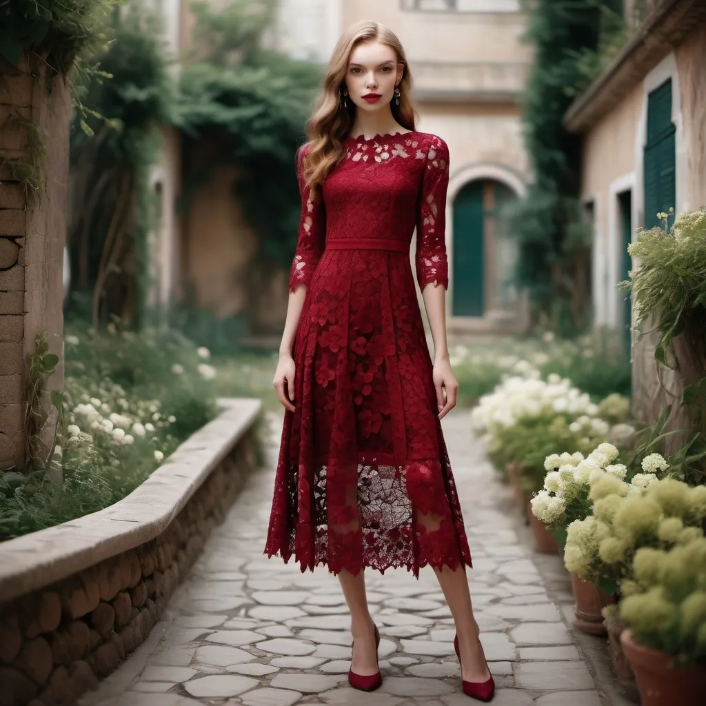 Prompt: Elegant full lace dress , flowery lace , crimson , calf length , realistic,  full body 