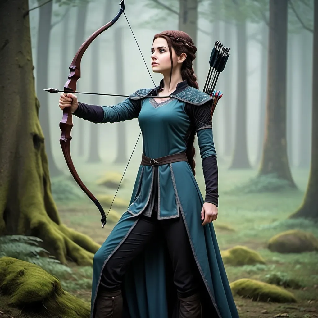 Prompt: (fantasy old costume),female archer,  full body, inspired by Game of Thrones and Rohan male characters ,tall thin character , long sleeves,dark grey , black pants, realistic and historically inspired costume and colors, comfortable fit, set 1000 years ago , let the costume be long  in both front and back