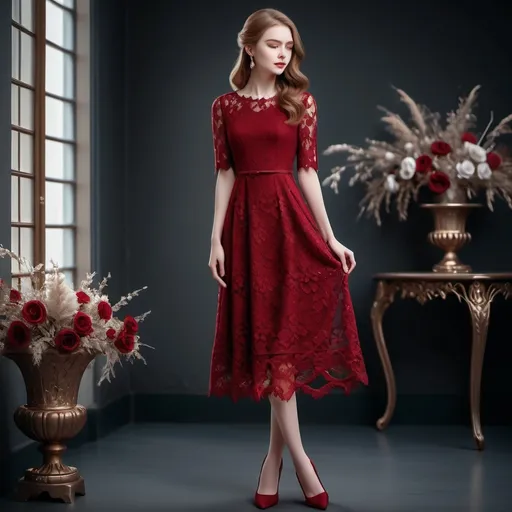 Prompt: Elegant full lace dress , flowery lace , sheat , crimson , calf length , realistic,  full body 