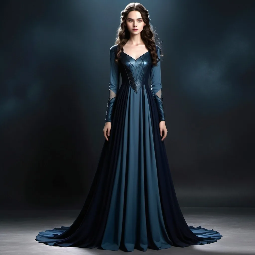 Prompt: fantasy old long dress , lord of the rings inspiration design, color of dress black and navy blue , simple dark slate grey triangle shape on chest , determined face,
