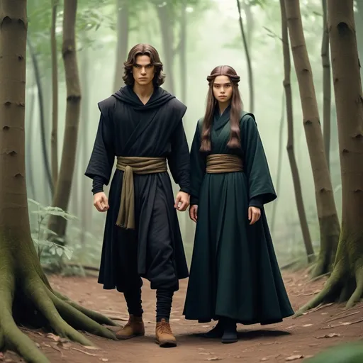 Prompt: (fantasy old costume),male and female fighters  ,full body, kind faces ,brown hair, wearing black cotton cloaks ,  inspired by Rohan and avatar the last Airbender male characters , long sleeves , realistic and historically inspired costumes , set 1000 years ago in a forest