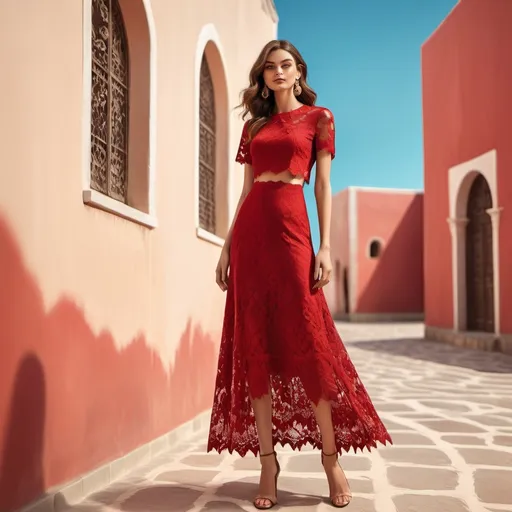 Prompt: (Full body image of a model), showcasing a two-piece set dress, mid maxi , featuring intricate (chick crimson lace) , midi length , t-shirt sleeves, with a comfortable fit . to evoke a realistic and vibrant appearance.