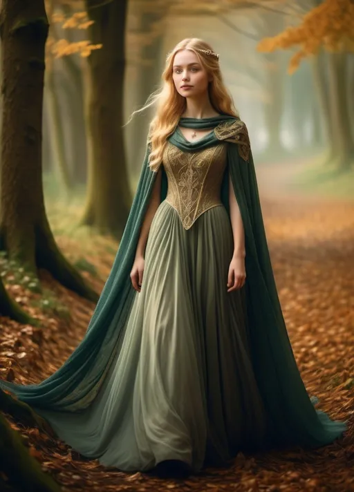 Prompt: Eowyn dress , fantasy gown,cowl collar ,cape sleeve 