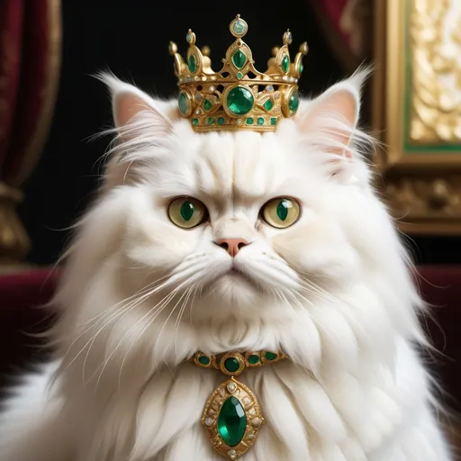 Prompt: Certainly! Here’s the detailed prompt to create an image similar to the one you provided, with the corrections you requested:

Prompt:
“A highly realistic and detailed image of a Persian cat with perfect, fluffy white fur, wearing an ornate gold crown embedded with emeralds and jewels. The cat’s expression is gentle and endearing, appearing cute rather than fierce. The lighting is soft and even, with no shadows, giving the image a clean and polished look. The background is black to enhance focus on the cat. The image should be lifelike and not appear animated, with natural textures in the fur and realistic reflections on the crown. Designed to look regal and elegant, this image is ideal for a product package of bentonite cat litter sand, exuding a sense of luxury and sophistication.”

Alter this promt like the generated image should be focus on the face and little cover of the body not the full cat 
