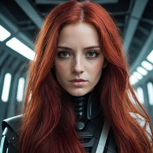 Prompt: long red hair woman, dark eyes, sci fi, younger

