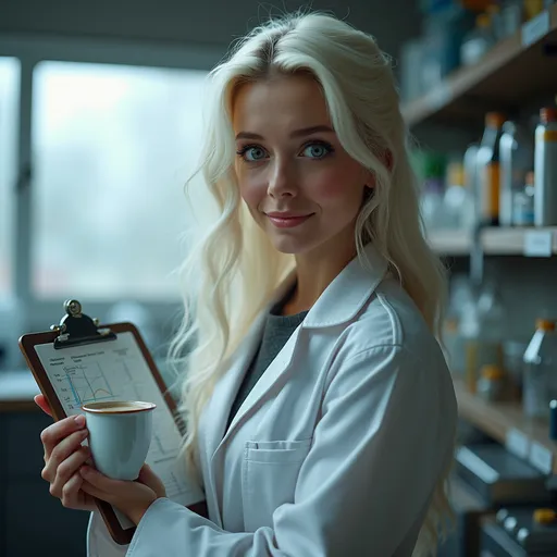 Prompt: Young exobiologist, almost  too young to be a PhD,woman of native American, with violet eyes, long pale blond hair, wearing a lab coat, smiling at a glance despite looking tired, holding a chart board on one hand and  a mug of coffee on another staring pensive at an angle as if watching over an experiment inside a top tier sci-fi lab.