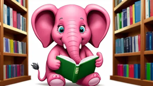 Prompt: show me a pink cartoon  lephant with a book in a library.