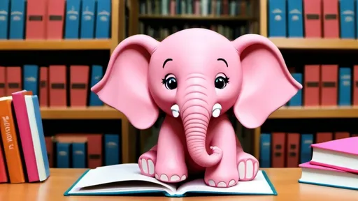 Prompt: show me a pink cartoon  lephant with a book in a library.