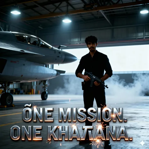 Prompt: Vivek scans the hangar, surveying the aftermath.

He slowly holsters his weapon, then looks directly at the camera (hero moment).

Optional: subtle slow-motion to emphasize the triumph.

Cinematic synth and heroic strings swell.

Low rumble of engines and distant explosions fade out.

Final chord holds as the smoke clears.



Bold, metallic, slightly glowing: "ΟΝΕ ΜΑΝ. ONE MISSION. ONE KHAΖΑΝΑ."

Sparks occasionally fly off the letters, giving a dramatic, dangerous vibe.

Text fades slightly at the end, leaving Vivek silhouetted against the hangar lights.