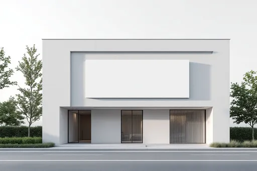 Prompt: Generate a scene depicting a minimalist office building in white and gray tones, shown in its entirety. The building features a facade-style sign attached to its front with a ratio of 9.6:1.8 (width to height), rendered in a plain, solid white color without any text or logos. Emphasize the building's overall silhouette and sophisticated design
I like first image style
