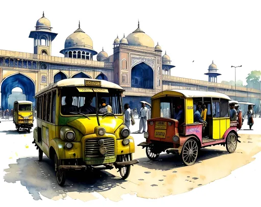 Prompt: watercolor and ink in Edwin Lord Weeks style, Delhi railway station front with yellow & black taxi, auto rickshaw, rickshaw pullers, food stalls, coolie carrying luggage & passengers approaching the station