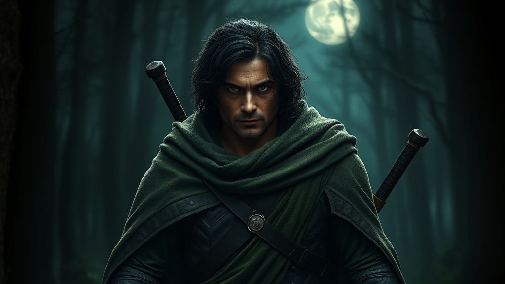 Prompt: Photorealistic, (warrior character), inspired by Lord of the Rings, mid-length dark hair, strong jawline, rugged looking, olive complexion, heavily muscled, piercing green eyes, wearing a long dusty green cloak, armed with swords, walking through a (dark forest), eerie nighttime ambiance, moonlight filtering through trees, high details, 4K resolution, atmospheric shadows, a sense of adventure and mystery.