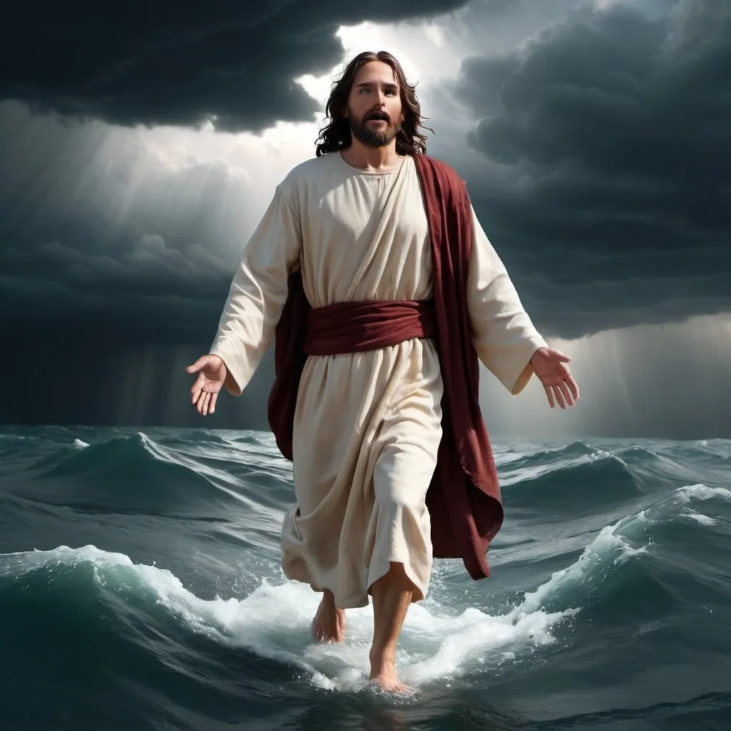 Prompt: Jesus walking on water in the storm 4k