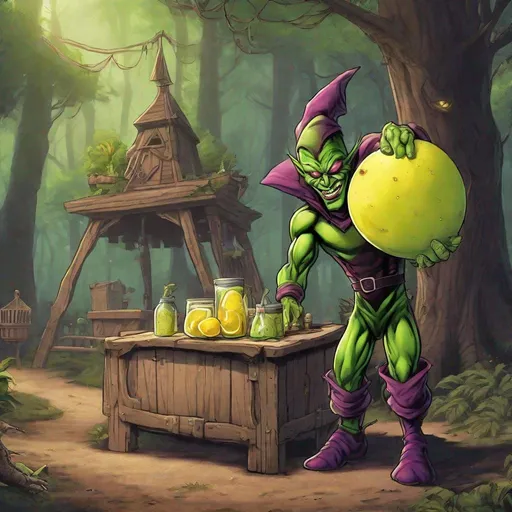 Prompt: A green goblin is standing behind a wooden lemonade stand, situated on a forest ground