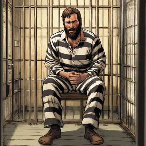 Prompt: arthur morgan wearing thick striped prison jumpsuit with beard, wearing white socks, in prison cell