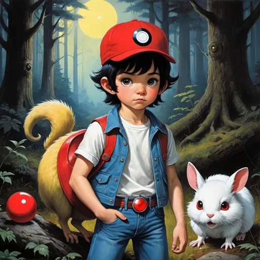 Prompt: 1970s Dark fantasy book cover painting art of a young boy with black hair and a red cap on backwards and blue jeans and red sneakers and a white shirt and a blue vest carrying a small red and white pokéball next to a rodent like chubby furry yellow creature with red cheeks and long ears and four legs in a creepy dark forest