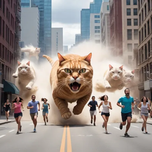 Prompt: People running away from giant cat destroying city