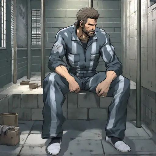 Prompt: Solid Snake wearing striped prison jumpsuit and white socks with beard in prison cell