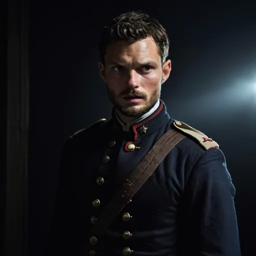 Prompt: Jamie Dornan dressed as a civil war soldier in a completely dark room against a solid back background, illuminated from an eerie dim light above, ghostly, surreal