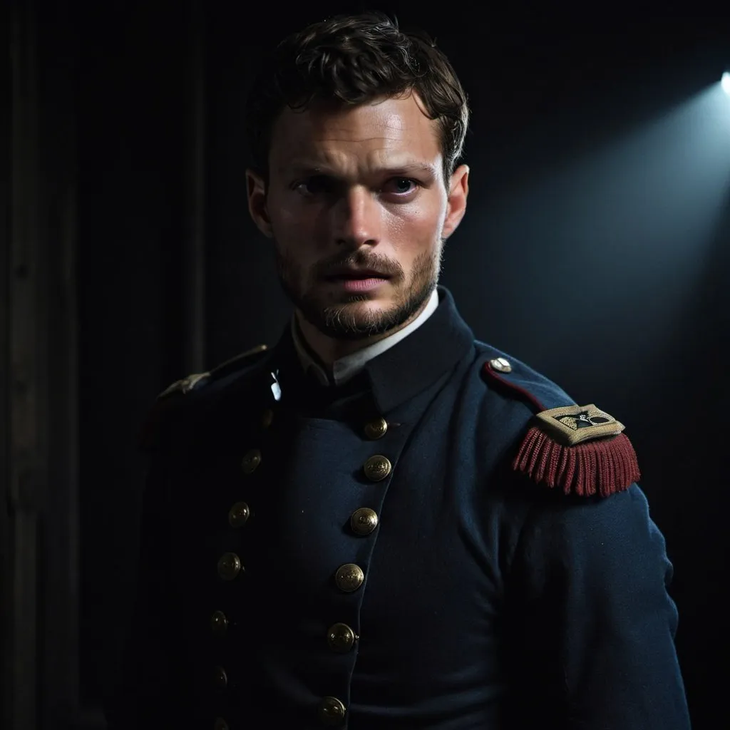 Prompt: Jamie Dornan dressed as a civil war soldier in a completely dark room against a solid back background, illuminated from an eerie dim light above, ghostly, surreal