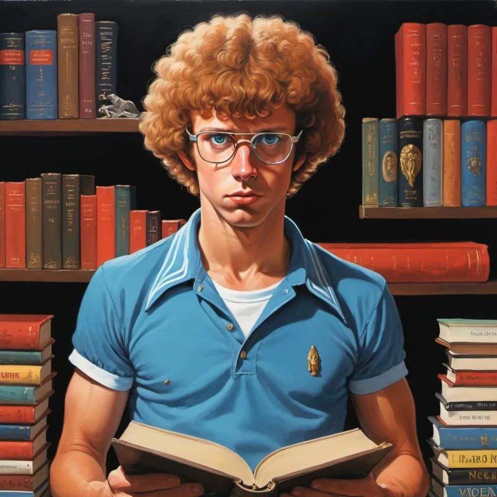 Prompt: 1970s Dark fantasy book cover painting art of napoleon dynamite 