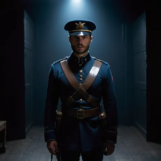 Prompt: Jamie Dornan standing far away in the distance, dressed as a Union civil war soldier with a blue civil war cap in a completely dark and black room against a solid back background, illuminated from an eerie dim light above, ghostly, surreal, full body from a distance, cinematic