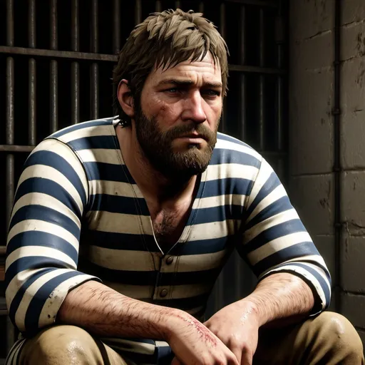 Prompt: Arthur Morgan wearing thick striped prison jumpsuit with beard sitting in prison cell